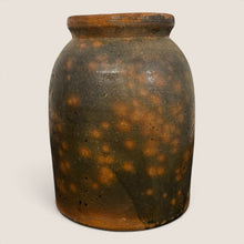 Load image into Gallery viewer, Ziebarth's Antiques handcrafted stoneware crock with a dark charcoal glaze and warm amber speckling.