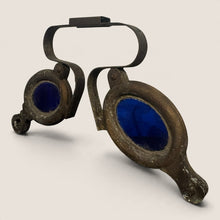 Load image into Gallery viewer, Ziebarth's Antiques vintage industrial goggles with weathered metal frames and striking deep blue glass lenses.