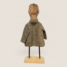 Load image into Gallery viewer, Back view of a Ziebarth's Antiques vintage wooden puppet figurine wearing a weathered grey fabric coat on a stand.