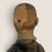 Load image into Gallery viewer, Back view of a Ziebarth's Antiques vintage wooden puppet head with weathered fabric clothing and aged patina.