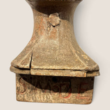 Load image into Gallery viewer, Ziebarth's Antiques hand-carved wooden bust base with weathered patina, visible wood grain, and carved lettering S.M.D.E.