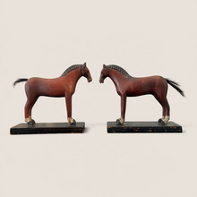 Load image into Gallery viewer, Ziebarth's Antiques pair of hand-carved chestnut wooden horse figurines on black rectangular bases with realistic manes.