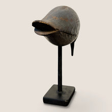 Load image into Gallery viewer, Ziebarth's Antiques hand carved wooden shorebird decoy sculpture with a weathered dark finish on a black metal stand.