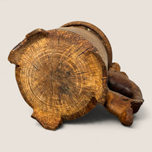 Load image into Gallery viewer, Ziebarth's Antiques hand carved burl wood tankard with lid, featuring three feet and a lion-accented handle.