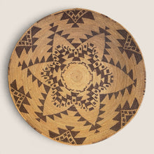 Load image into Gallery viewer, Ziebarth's Antiques handwoven wall basket tray featuring a geometric star pattern in dark brown and natural tan fibers.